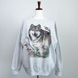 Vintage Tultex Wolf Nature Graphics Heather Grey Fleece Crewneck Sweatshirt 2XL